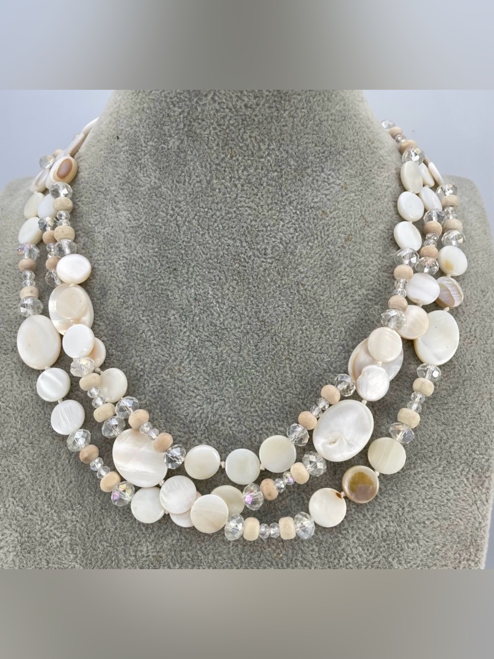 Elegant Triple Strand Shell & Crystal Bead Necklace Neutral Tones Layered Look